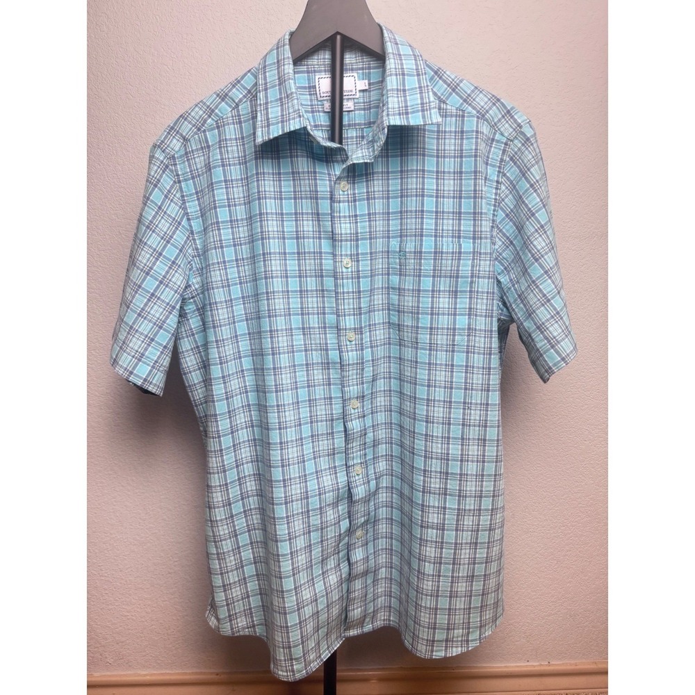 Southern Tide Mens Large Blue Plaid Linen Blend Short Sleeve Button Up Shirt